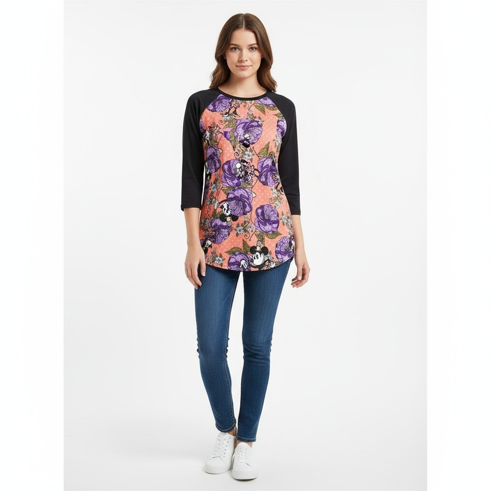 LuLaRoe Woman's Minnie‎ Mouse Floral Raglan 3/4 Sleeve Top Colorful XXS